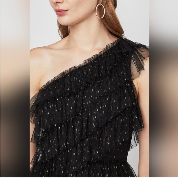 BCBGMaxAzria One Shoulder Black and Gold Tulle Dress - Picture 10 of 13